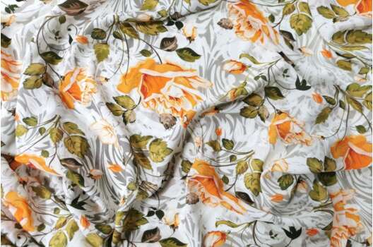 Вискоза-вуаль LAMBDA, Оранжевые цветы на серо-белом, Турция