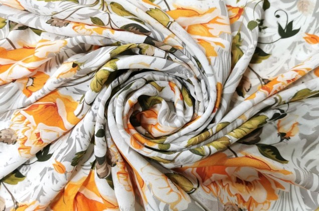 Вискоза-вуаль LAMBDA, Оранжевые цветы на серо-белом, Турция 4