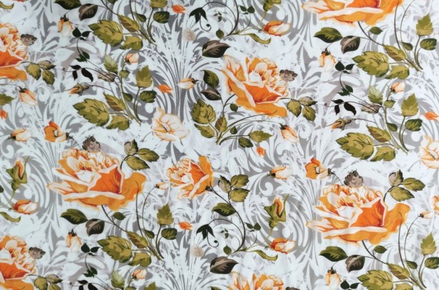 Вискоза-вуаль LAMBDA, Оранжевые цветы на серо-белом, Турция 3