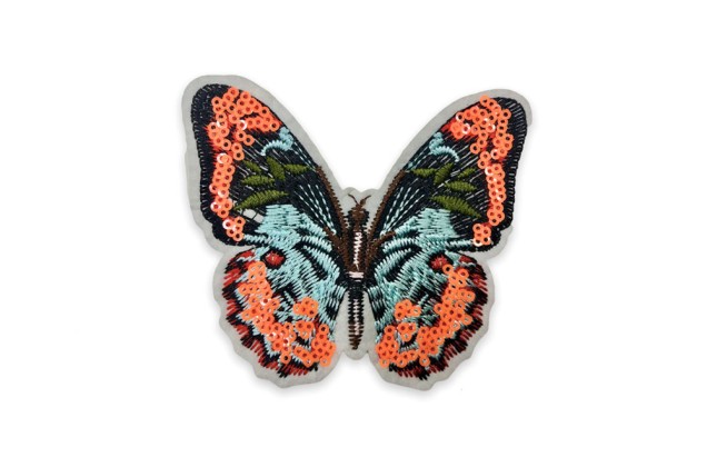 Термоаппликация Бабочка в пайетки, оранжевая, 9.5х9 см