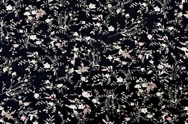 Штапель твил, Цветочные веточки россыпью на черном фоне 2