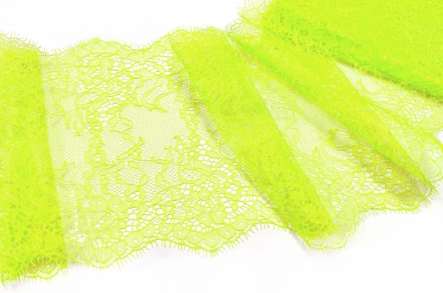 Кружево Шантильи с ресничками, неэластичное, 17 мм, зелено-желтый неон