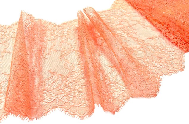 Кружево Шантильи с ресничками, неэластичное, 17 мм, оранжево-розовое 1