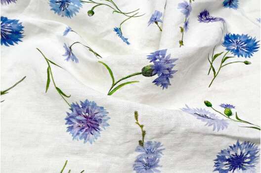 Лен с хлопком костюмный с эффектом мятости 06С226, Васильки на молочном