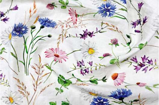 Лен с хлопком костюмный с эффектом мятости 06С226, Полевые цветы на молочном