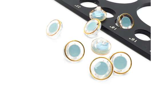 Пуговица пластиковая на ножке B304, серо-голубая с золотым ободком, 11 мм