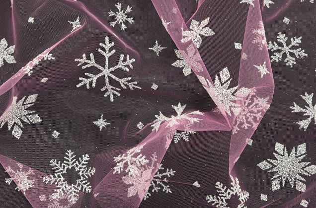Фатин с глиттером ELSA, Снежинки розовые, арт.12 3