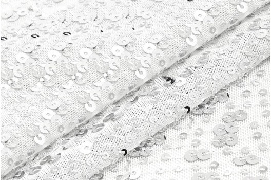 Пайетки на сетке-полосы Дуэт, белые 2 и 5 мм, 135 см