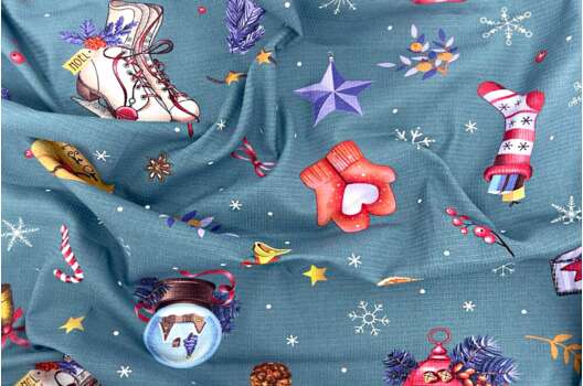 Вафельное полотно Рождественское, мелкая клетка, серо-синее