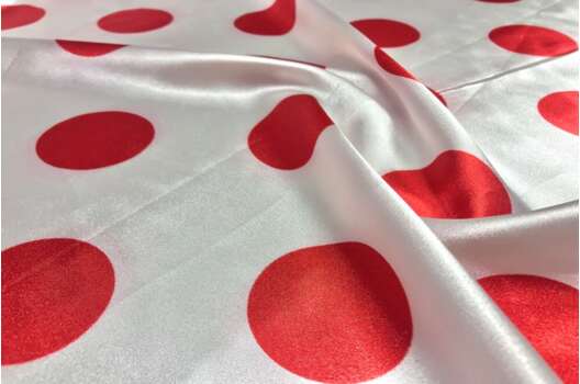 Атлас стрейч, красные горохи 45 мм на белом