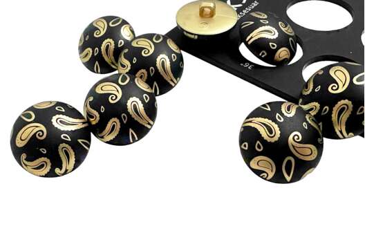 Пуговица пластиковая на ножке RB A921, Пейсли золото на черном, 23 мм