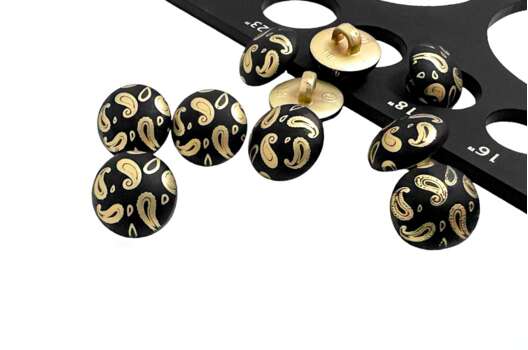 Пуговица пластиковая на ножке RB A921, Пейсли золото на черном, 11.5 мм