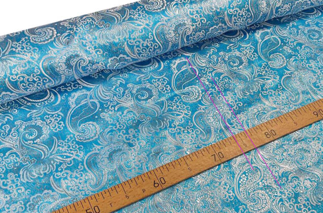 Парча жаккард, бело-серебряные узоры на ярко-голубом 4