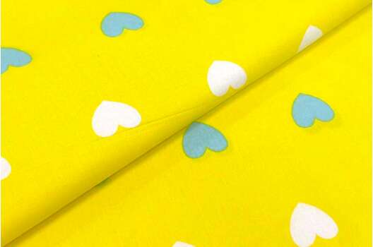 Польский хлопок, Белые и голубые сердечки на желтом, 160 см