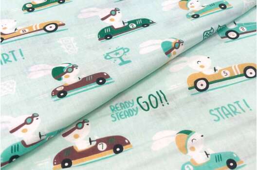 Польский хлопок, Зайки гонщики мятные, 160 см