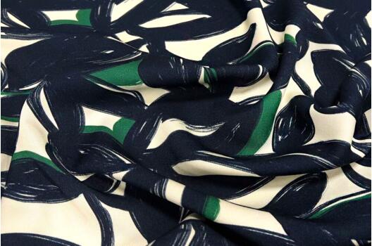 Штапель твил, Темно-синий лиственный на молочном, Турция