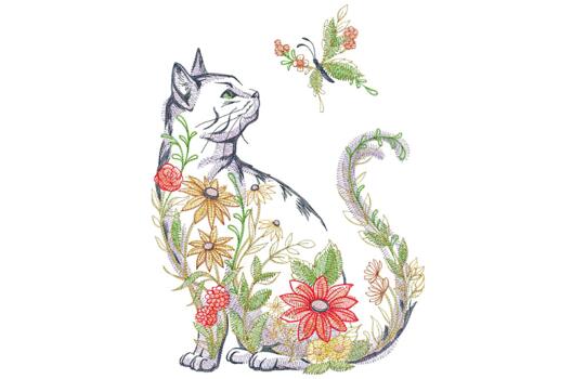 Машинная вышивка, Котик из цветов