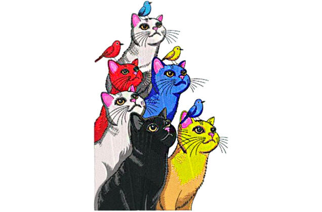 Машинная вышивка, Котики с птичками