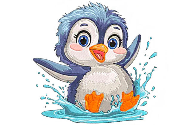 Машинная вышивка, Пингвинчик плескается в луже