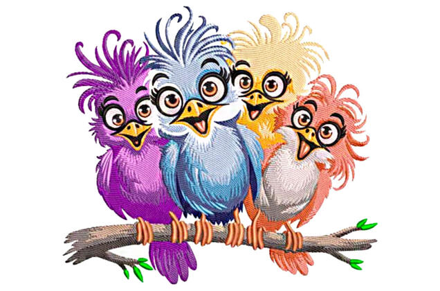 Машинная вышивка, Птички с чубчиками