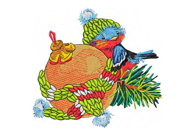Машинная вышивка, Новогодний снегирь