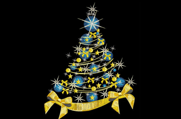 Машинная вышивка, Новогодняя елка с золотым бантом