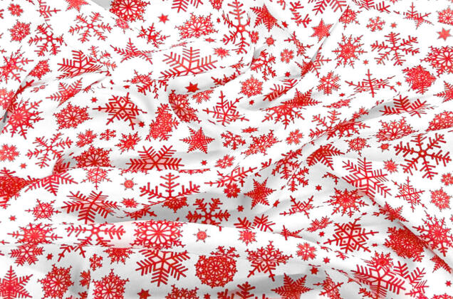 Габардин простой с рисунком, Красные снежинки на белом