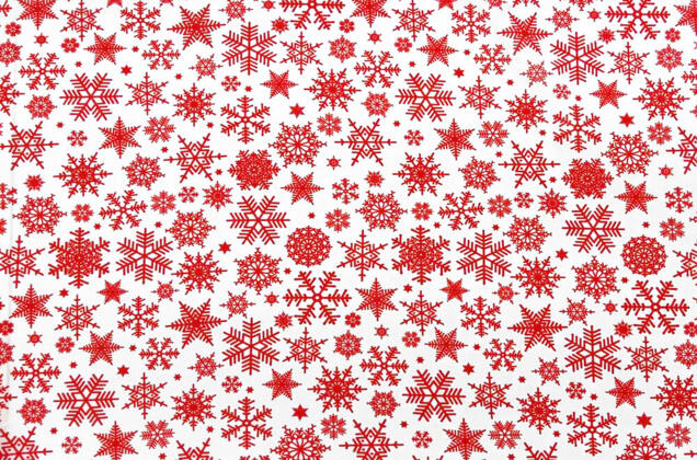 Габардин простой с рисунком, Красные снежинки на белом 3