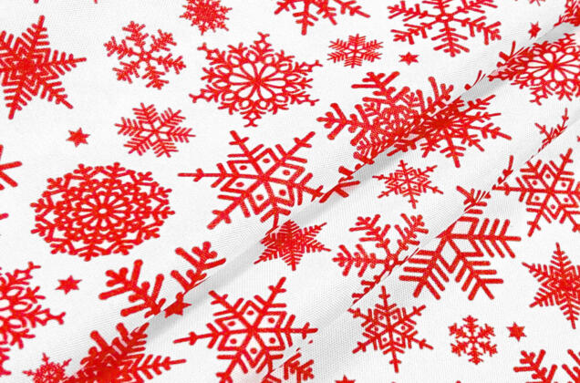 Габардин простой с рисунком, Красные снежинки на белом 5