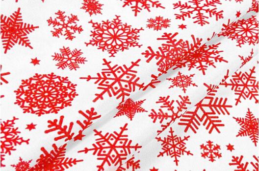 Габардин простой с рисунком, Красные снежинки на белом