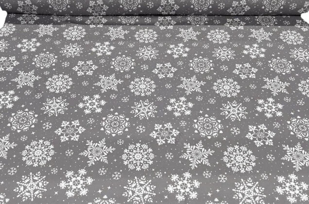 Габардин простой с рисунком, Белые снежинки на светло-сером 3
