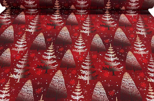 Габардин простой с рисунком, Зимний лес на темно-красном 1