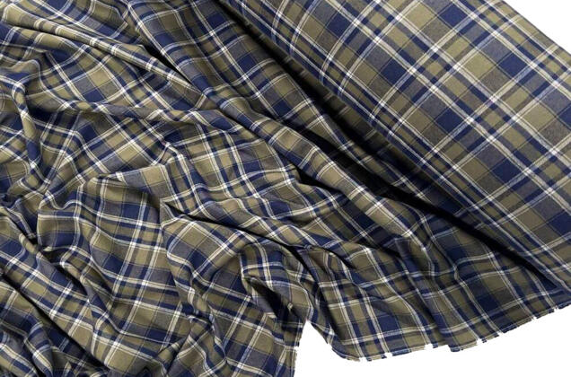 Рубашечная фланель (фуле) 100% хлопок, Клетка хаки с синим, Турция