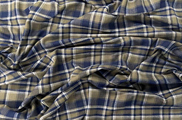 Рубашечная фланель (фуле) 100% хлопок, Клетка хаки с синим, Турция 2