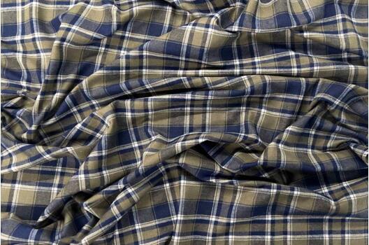 Рубашечная фланель (фуле) 100% хлопок, Клетка хаки с синим, Турция