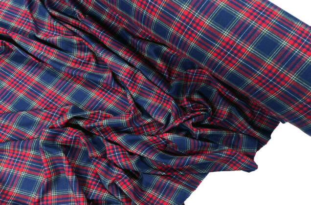Рубашечная фланель (фуле) 100% хлопок, Клетка темно-синяя с красным, Турция