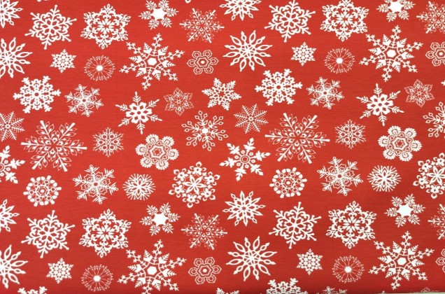 Ранфорс (поплин LUX) 240 см, Белые снежинки на красном фоне 4