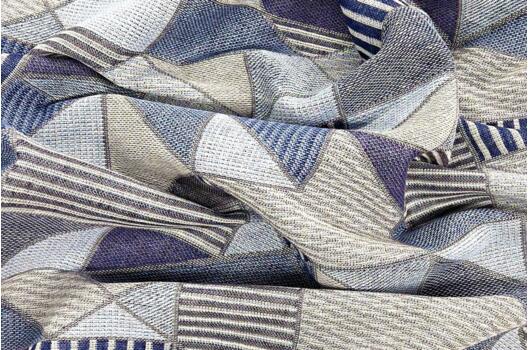 Лен декоративный, синие геометрические узоры